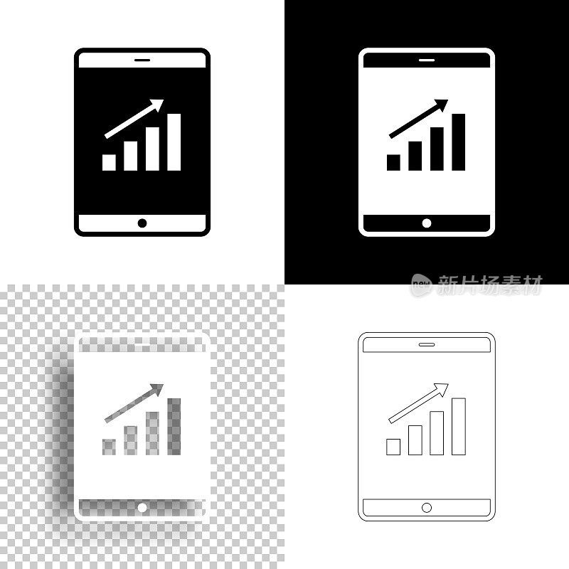 平板电脑的增长图表。图标设计。空白，白色和黑色背景-线图标