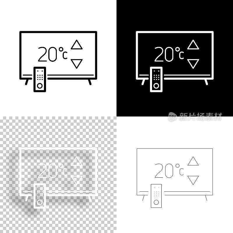 带加热控制的电视。图标设计。空白，白色和黑色背景-线图标