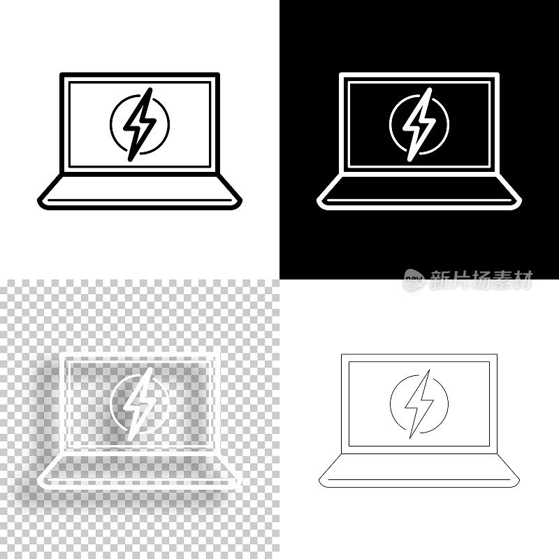 带电符号的笔记本电脑。图标设计。空白，白色和黑色背景-线图标