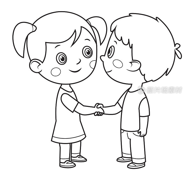 黑色和白色，微笑的男孩和女孩握手