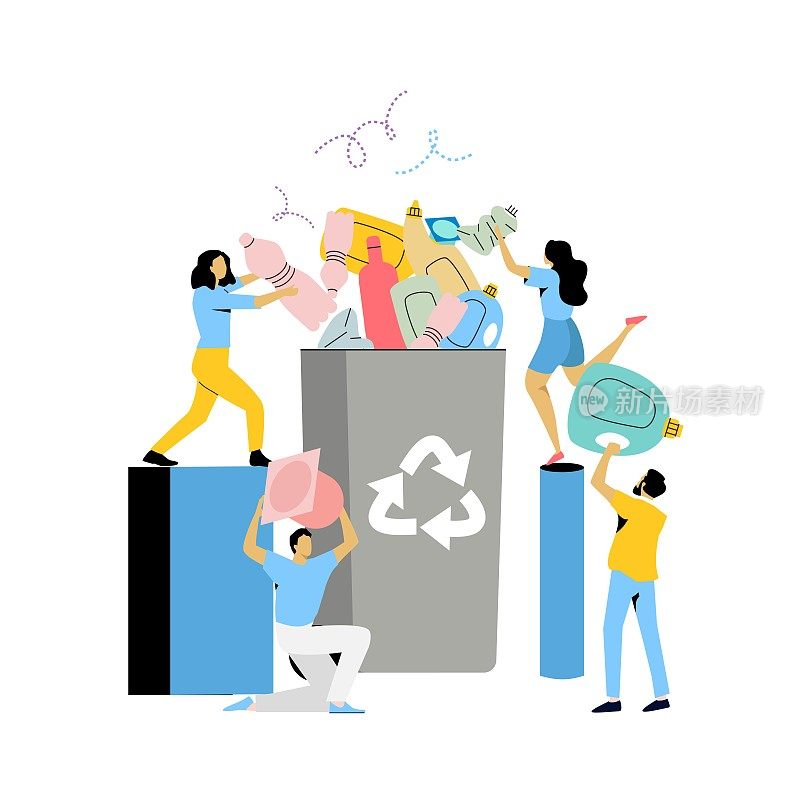 回收垃圾平面矢量插图。人们把塑料垃圾分类放进可回收垃圾箱。塑料污染问题概念。