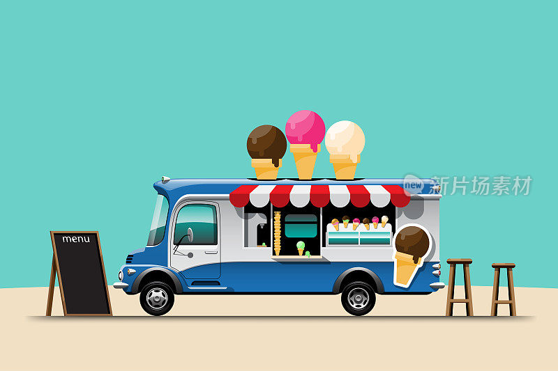 餐车侧视图菜单冰淇淋木椅矢量