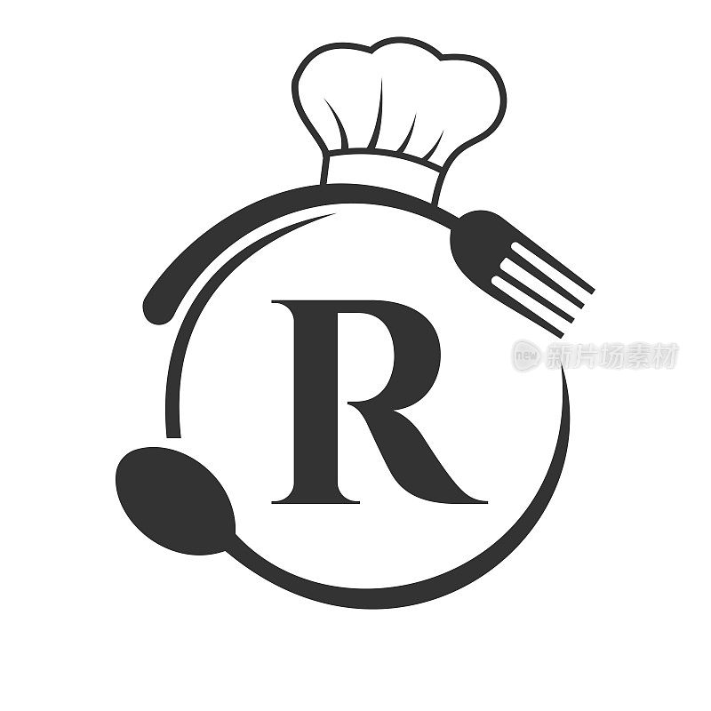 餐厅标志，餐厅标志在字母r厨师帽子，勺子和叉子餐厅符号向量模板