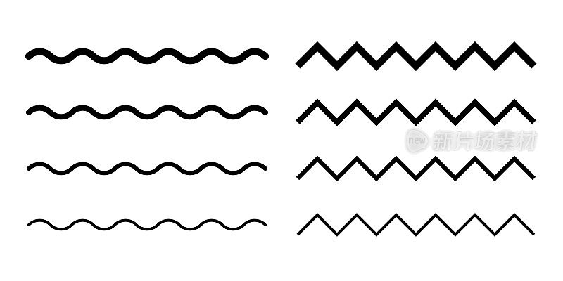 波浪线和波浪之字形线。抽象风格的黑色曲线图案。横向几何装饰元素。矢量插图。