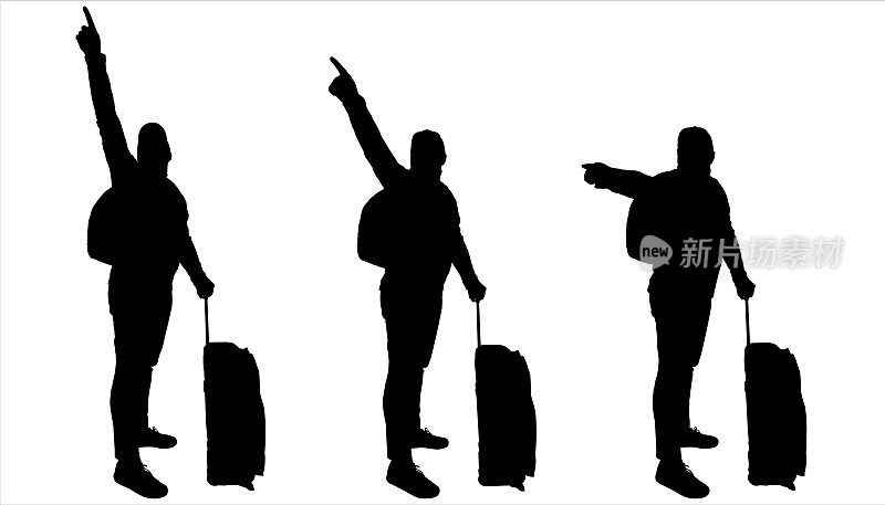 带行李和背包的游客。一个年轻的游客举起他的手，用手指指着上面的物体，在前面。正面，正面。三个男人的黑色剪影被孤立在白色上