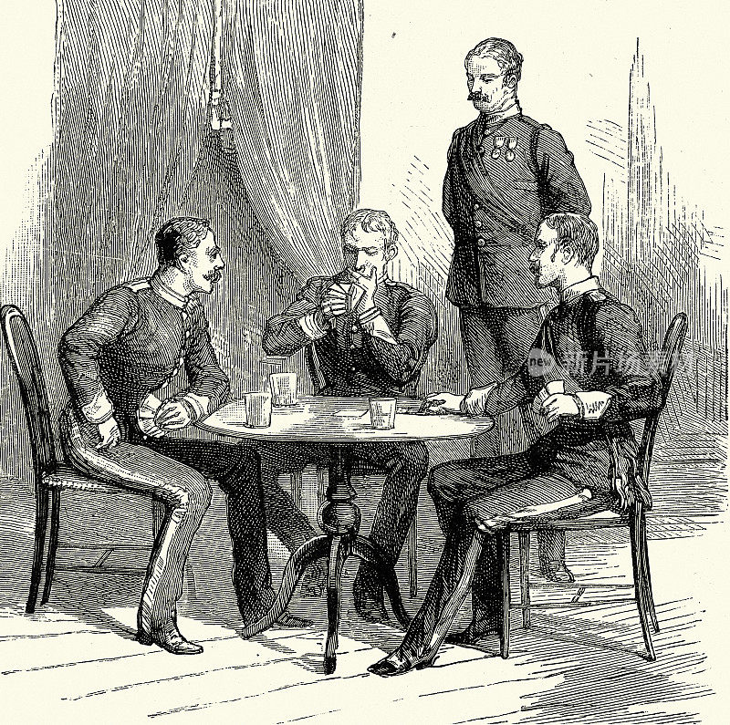 19世纪，1888年，约克郡，第9届女王皇家枪骑兵队，正在玩纸牌游戏的英国军官