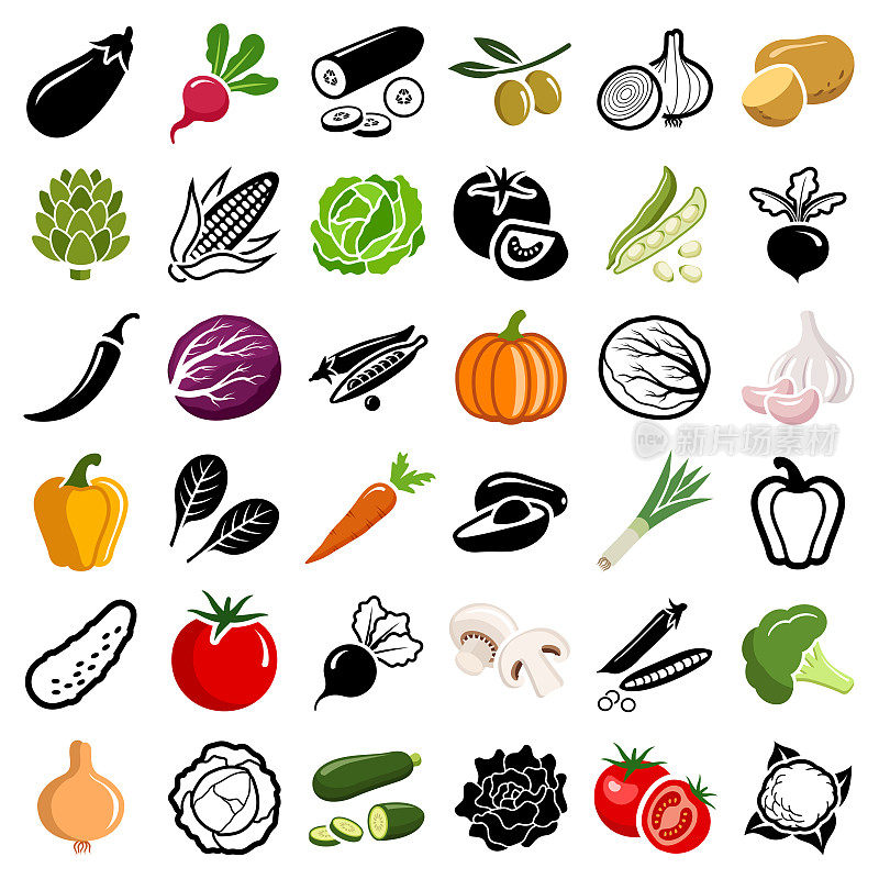 可持续的健康蔬菜图标集合-矢量彩色和黑白轮廓插图和剪影插图