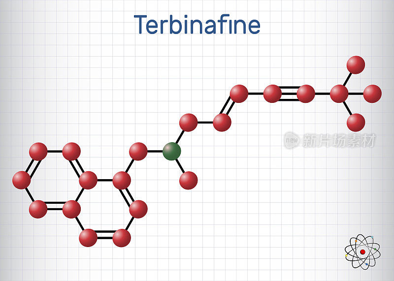 Terbinafine分子。它是丙烯胺类抗真菌药物，用于治疗脚趾甲和手指甲的皮肤真菌感染。一张放在笼子里的纸。结构化学式，分子模型