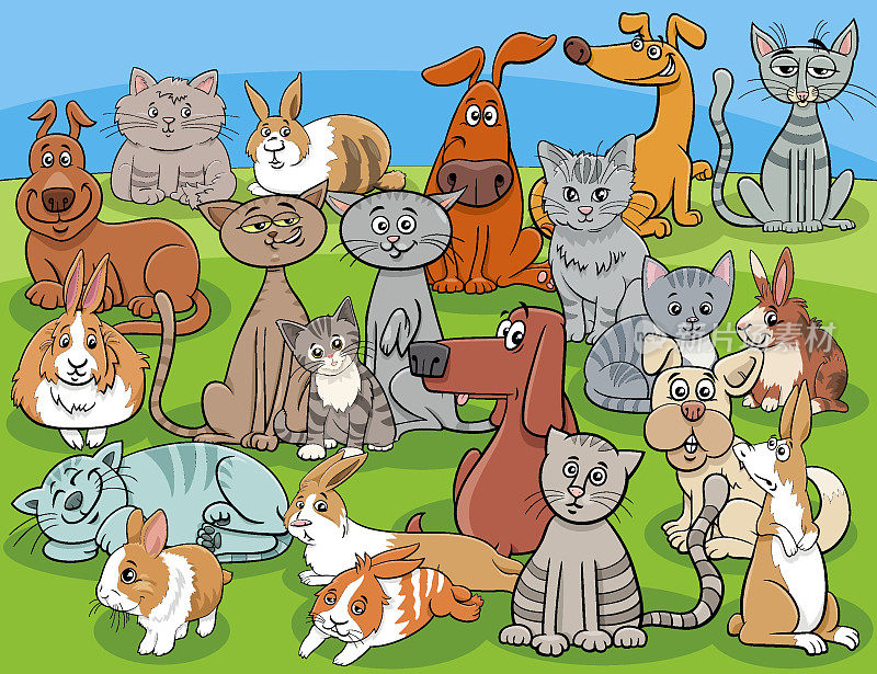 有趣的狗、猫和兔子卡通人物组