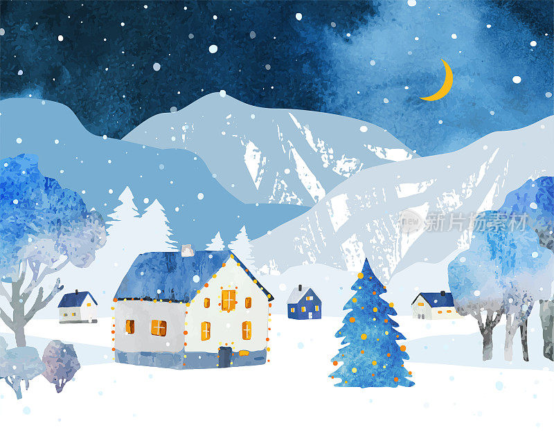 冬季水彩画的乡村景观雪山，树和房子在夜空下与月亮和雪。圣诞矢量插图在蓝色的明信片，横幅，海报