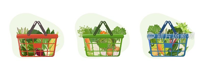 菜篮子里装着新鲜的绿色蔬菜和当地农贸市场的根茎作物。健康的素食套餐。矢量插图孤立在白色背景上