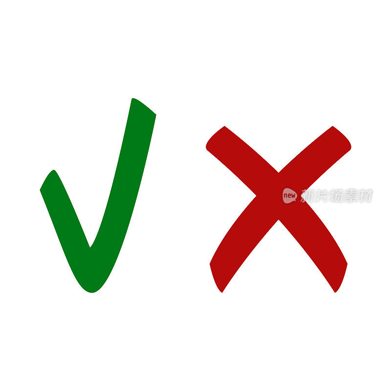 打勾和交叉标记。一个绿色的复选标记OK和一个红色的X，孤立在白色背景上
