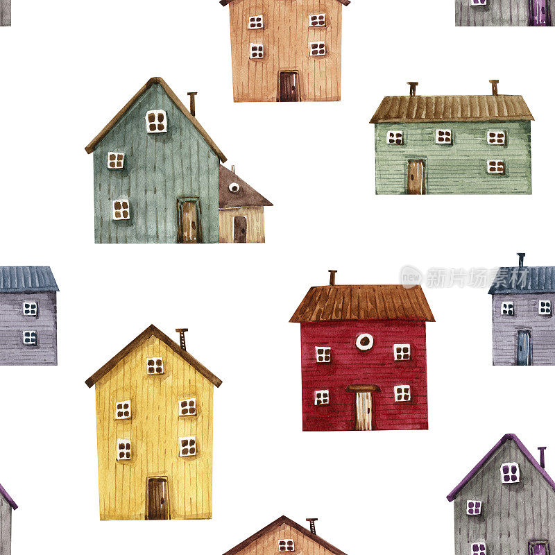 水彩无缝图案与五颜六色的房子。这是一张儿童房间设计的插图和一张手工彩色明信片。
