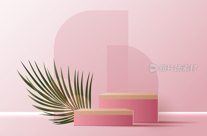 化妆品粉红色背景和优质平台展示产品介绍，品牌和包装介绍。工作室阶段与阴影的树叶背景。矢量设计