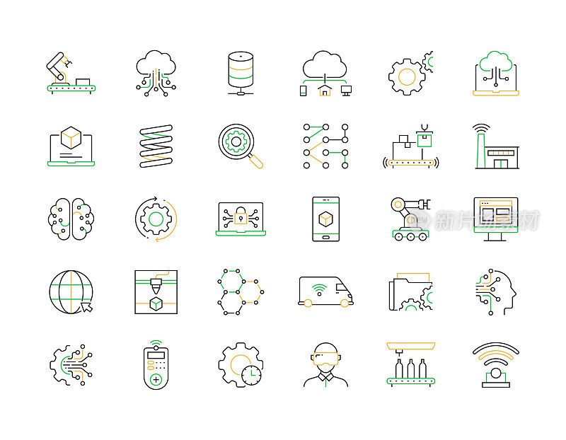 工业4.0相关矢量线图标。大纲符号集合