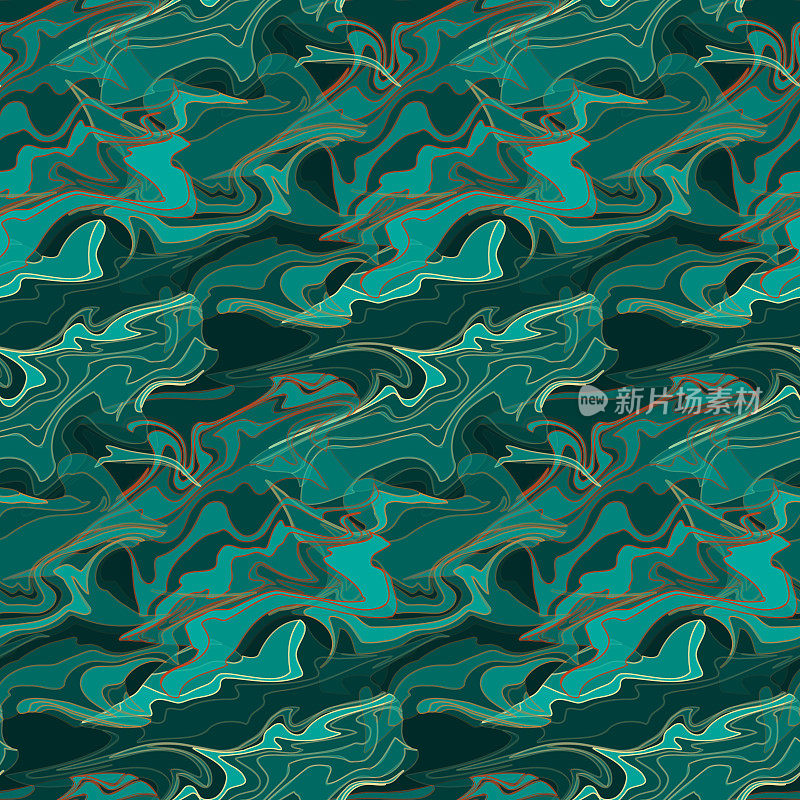 蓝绿色和蓝绿色抽象的迷幻无缝图案，带有一点铜和黄色。流体液体弯曲形状，油漆流动，纹理背景