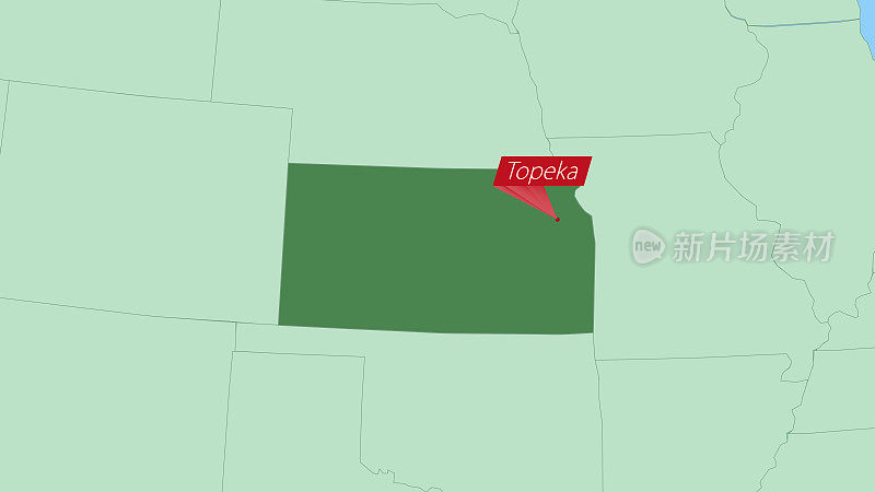 堪萨斯州地图，上面有州首府的别针。