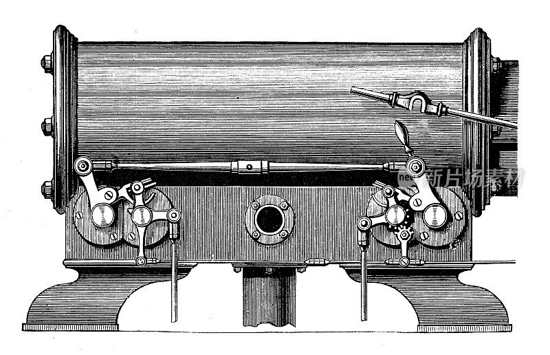 古董插图，应用力学:蒸汽动力机器，蒸汽分配，轮锁