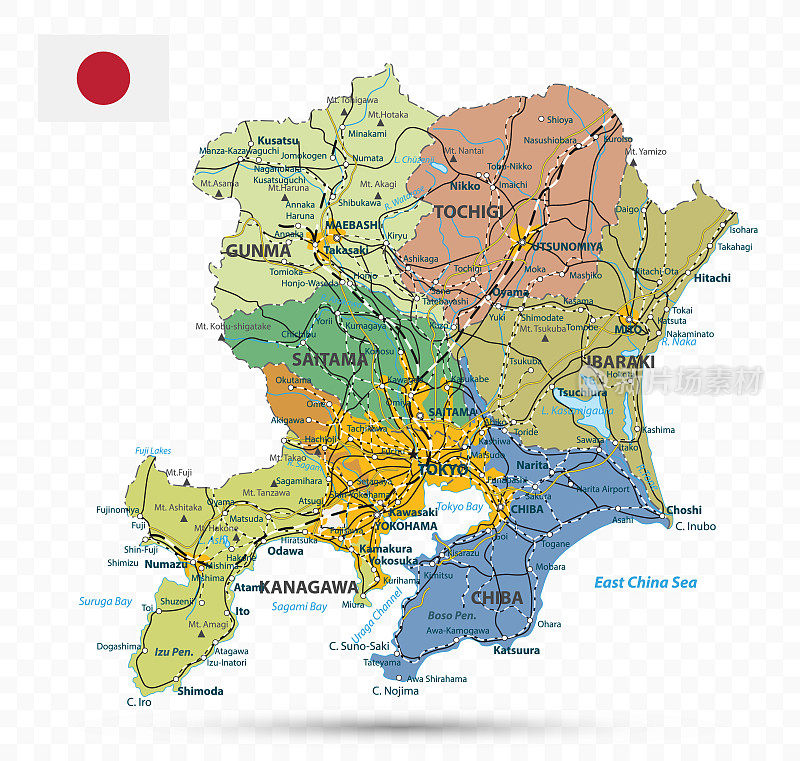 关东大地图。日本县地图