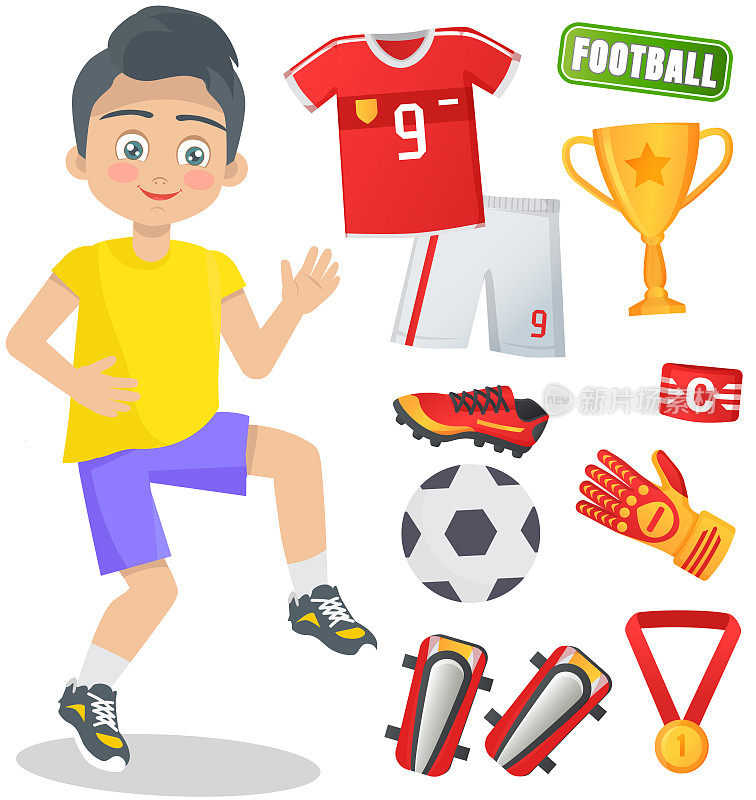 男孩足球足球运动员。孩子们未来梦想的职业体育事业具有足球属性