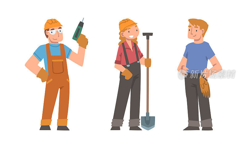 建筑工人。男女建设者与工具卡通矢量插图