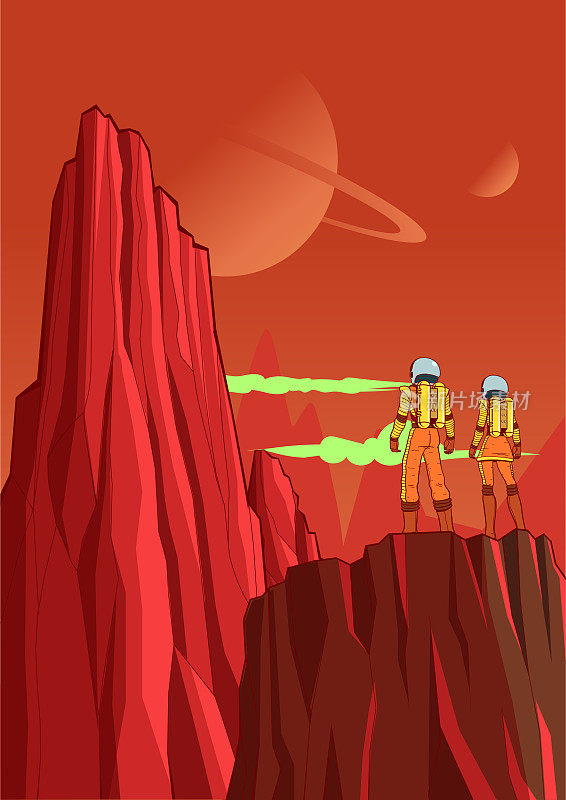 矢量复古宇航员夫妇探索一个新的红色星球卡通股票插图