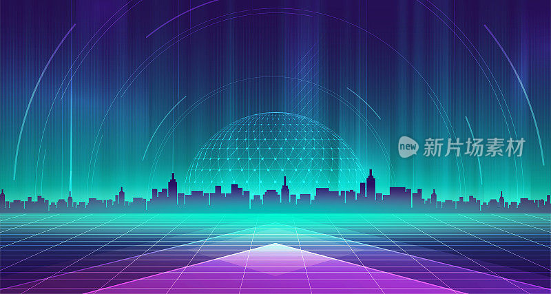数字科技城市元宇宙霓虹灯蓝绿色背景，抽象网络通信，创新未来赛博朋克都市科技，互联网网络连接，Ai大数据，城镇插图3d