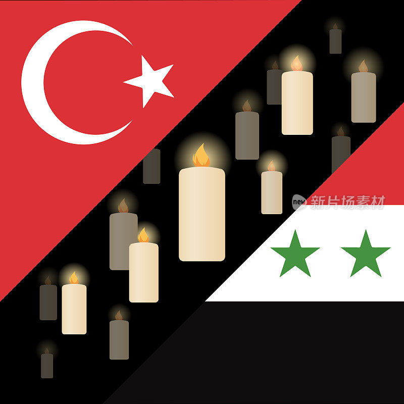 为土耳其和叙利亚祷告。在2023年的地震中帮助土耳其和叙利亚。黑色背景上的纪念蜡烛