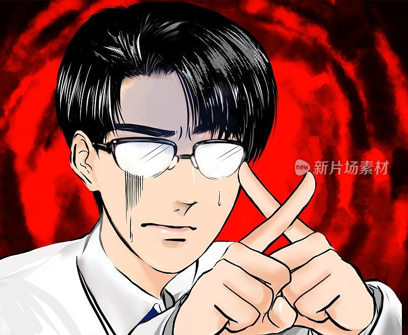 Shoujo漫画风格的彩色插图，一个英俊的黑发医生，戴着眼镜，用手指做了一个十字符号，警告苍白和黑暗的云层背景