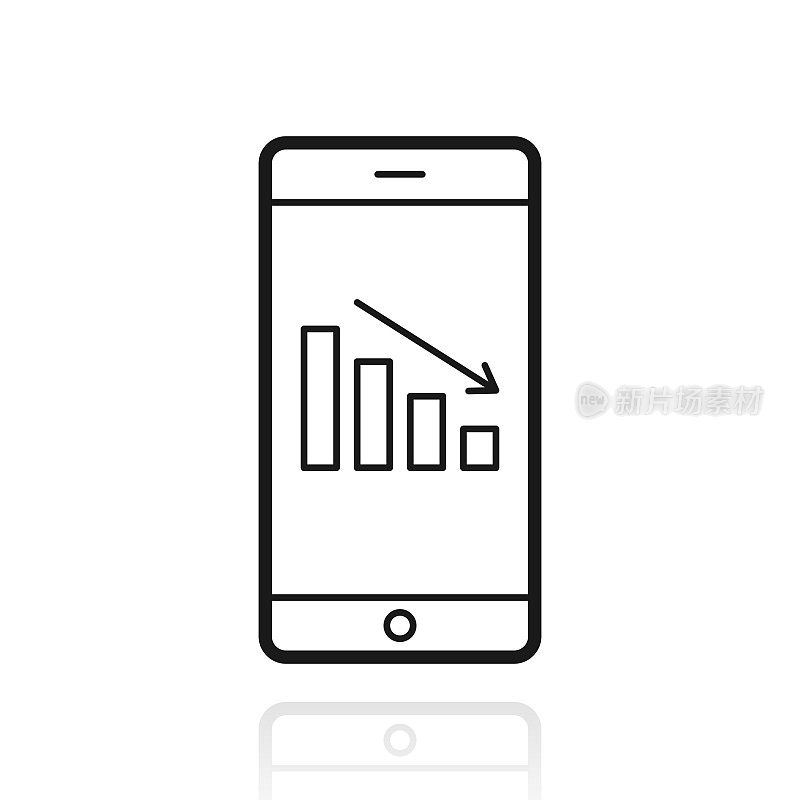 智能手机的下降图表。白色背景上反射的图标