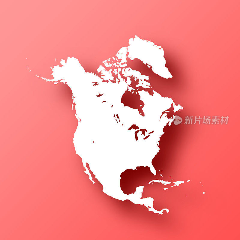北美地图红色背景与阴影