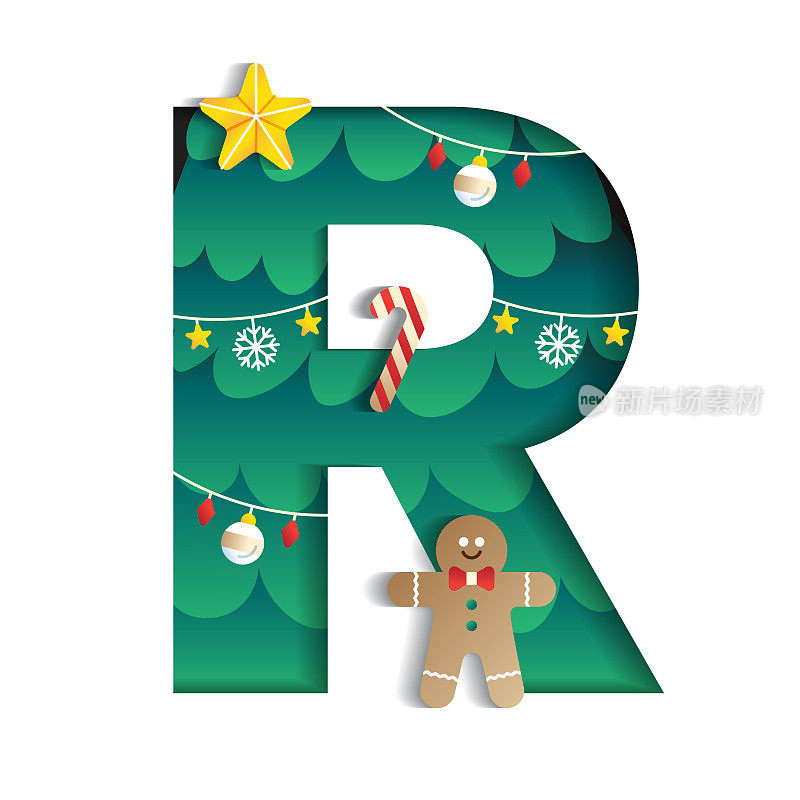 字母R字母字体可爱快乐圣诞概念星星糖果拐杖姜饼人圣诞树人物字体圣诞元素卡通绿色3D纸层切割卡片矢量插图
