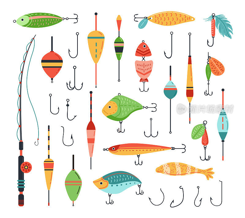钓鱼配件。鱼饵用鱼钩，钓竿和钓具用人工鱼形状向量集- 高清渲染图片素材下载- 新片场素材