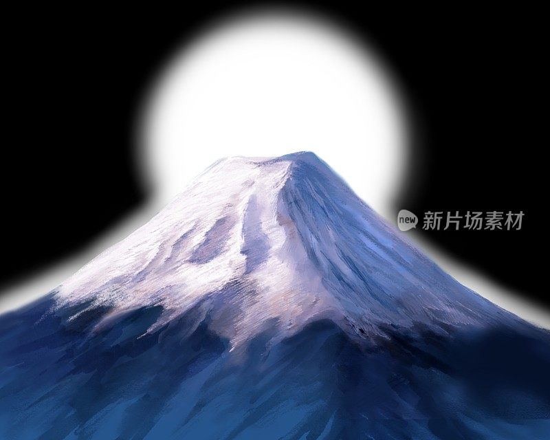 新年第一次日出的风景插画和白色背景上美丽的日本富士山