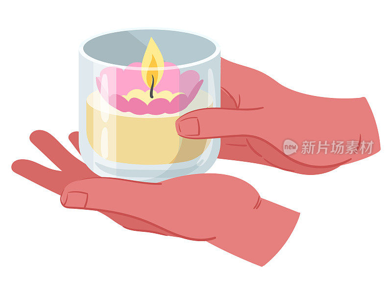 舒适的蜡烛在手里，卡通的手拿着蜡烛。假日香薰薰蜡蜡烛平矢量插图在白色背景