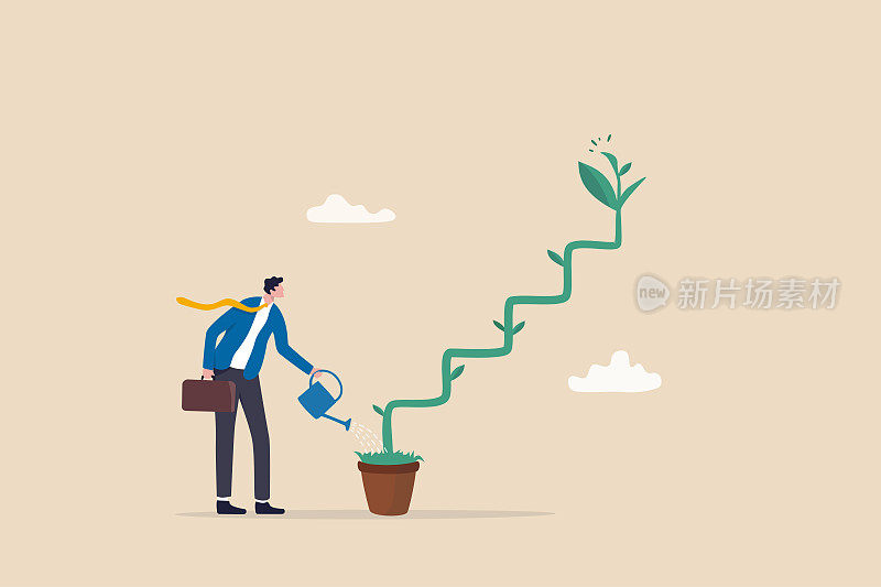 成长阶梯或职业道路，职业提升阶梯或成长投资或成功阶梯，师徒观念，商人浇灌幼苗植物成长为攀登成功阶梯。
