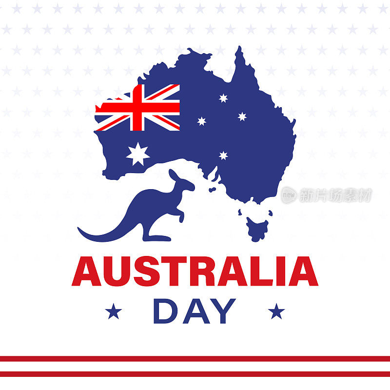 1月26日，澳大利亚国庆日快乐。澳大利亚国旗，地图和袋鼠。背景，海报，卡片，横幅矢量插图