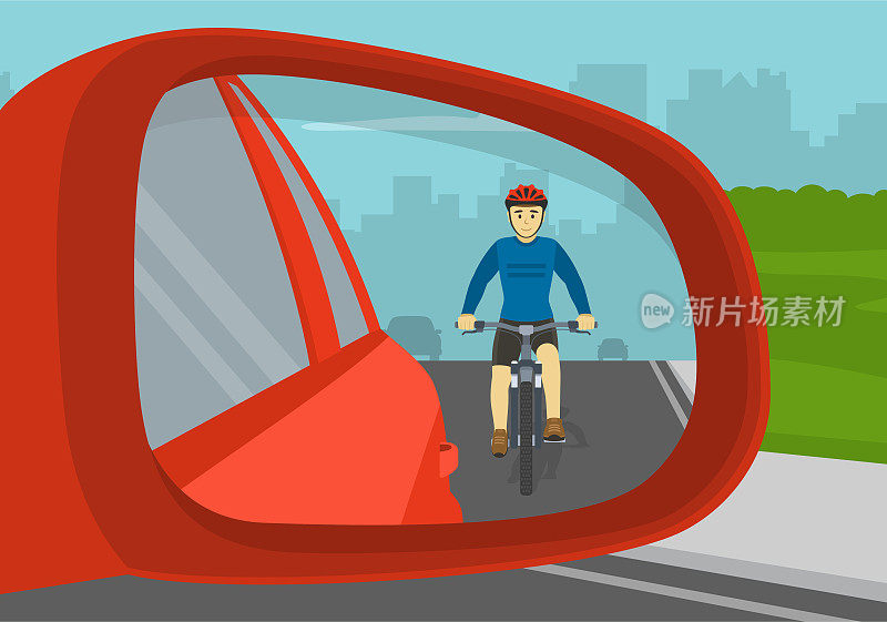 一个骑自行车的男人从汽车后视镜里反射出来。后侧视图。