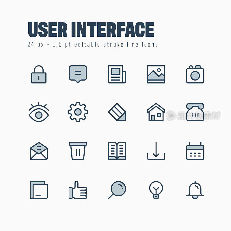 用户界面线图标集。可编辑的中风。像素完美。