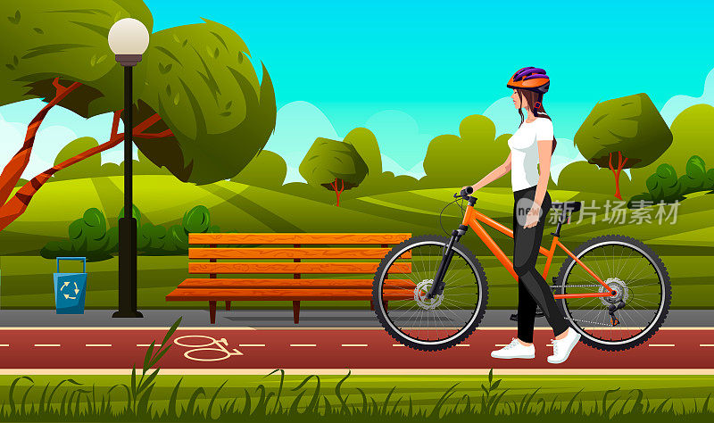 女运动员骑着自行车在马路上的公园里散步。福雷斯特风景与长凳的背景。健身和保健的概念。矢量图解