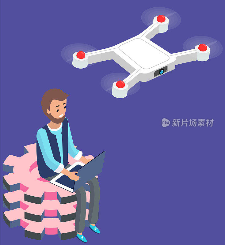 飞行无人机的概念。人控制他的无人机，使用笔记本电脑，四轴飞行器在空中现代设备
