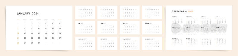 2024年的月历模板。公司业务日历在干净和简单的现代办公风格。从周日开始。12个月矢量2024日历模板。