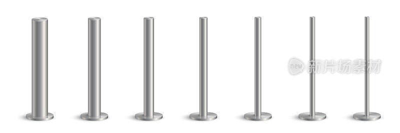 三维金属杆标志的基础矢量插图集。现实的灰色钢，铁或铬柱抛光表面，垂直不同直径的圆柱形管支架板或旗帜