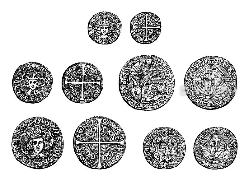 英格兰国王爱德华四世(1461-1470)的中世纪硬币-古董雕刻插图