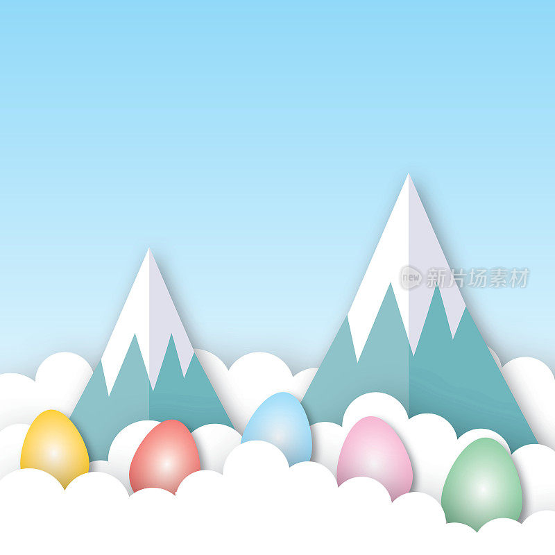 彩色鸡蛋，蓝色的天空背景上有山和白云，复活节快乐贺卡的节日插图。