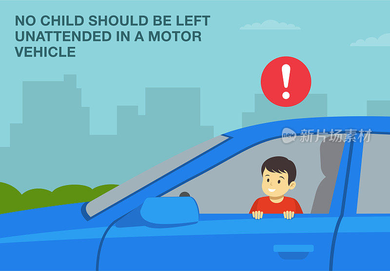 安全驾驶技巧和规则。任何儿童都不应在无人看管的情况下留在机动车内。一个小孩坐在驾驶座上的特写镜头。侧视图。