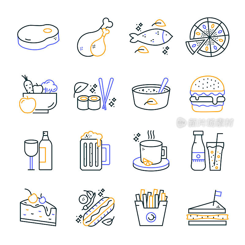 食品和饮料行图标可编辑的笔画。牛排，鸡肉，寿司，披萨，汉堡，浓缩咖啡，水