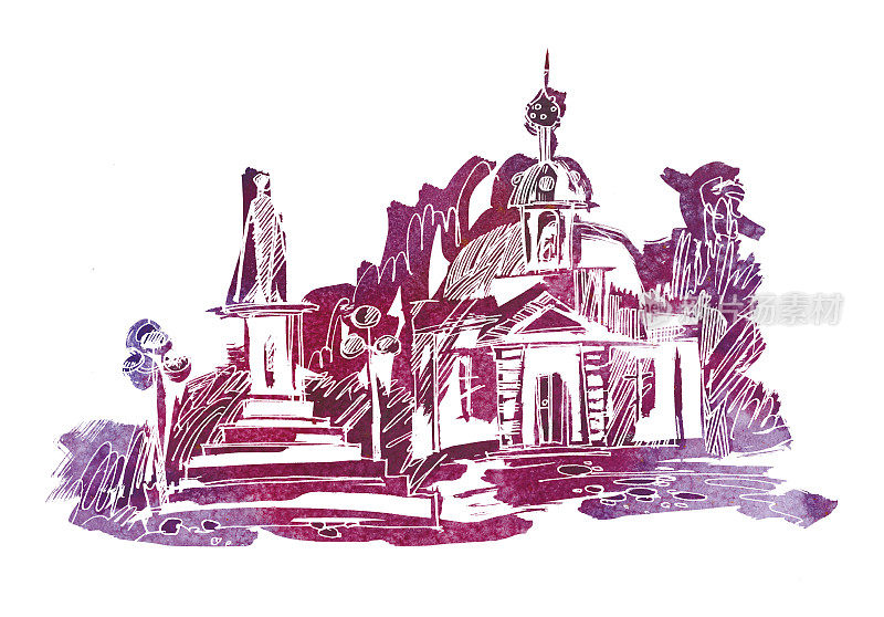老城区的广场上有纪念碑、灯笼和一座有紫色塔楼的房子