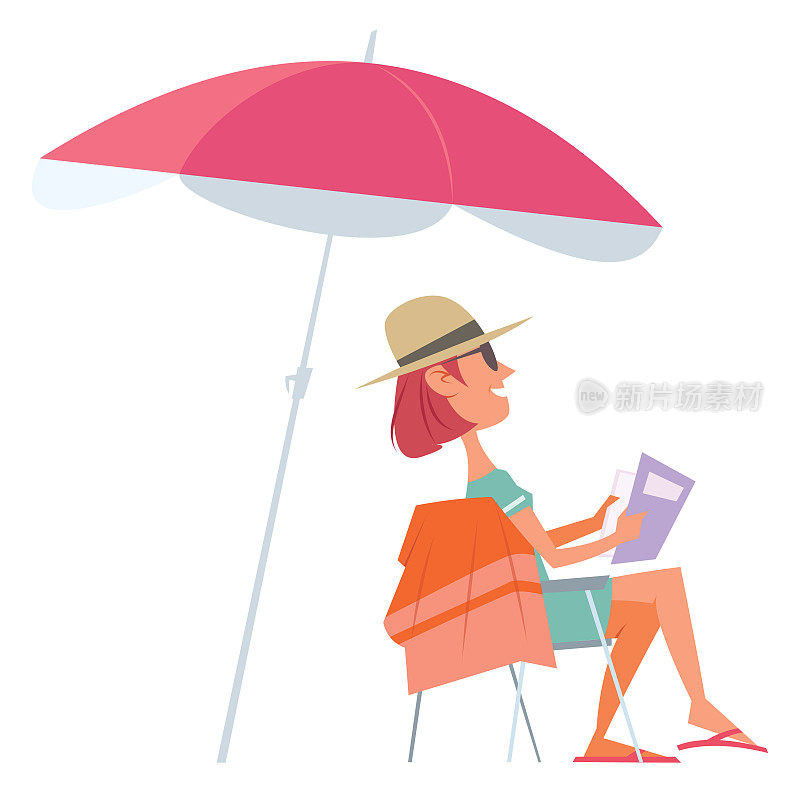 女人在海边的遮阳伞下坐在躺椅上看书