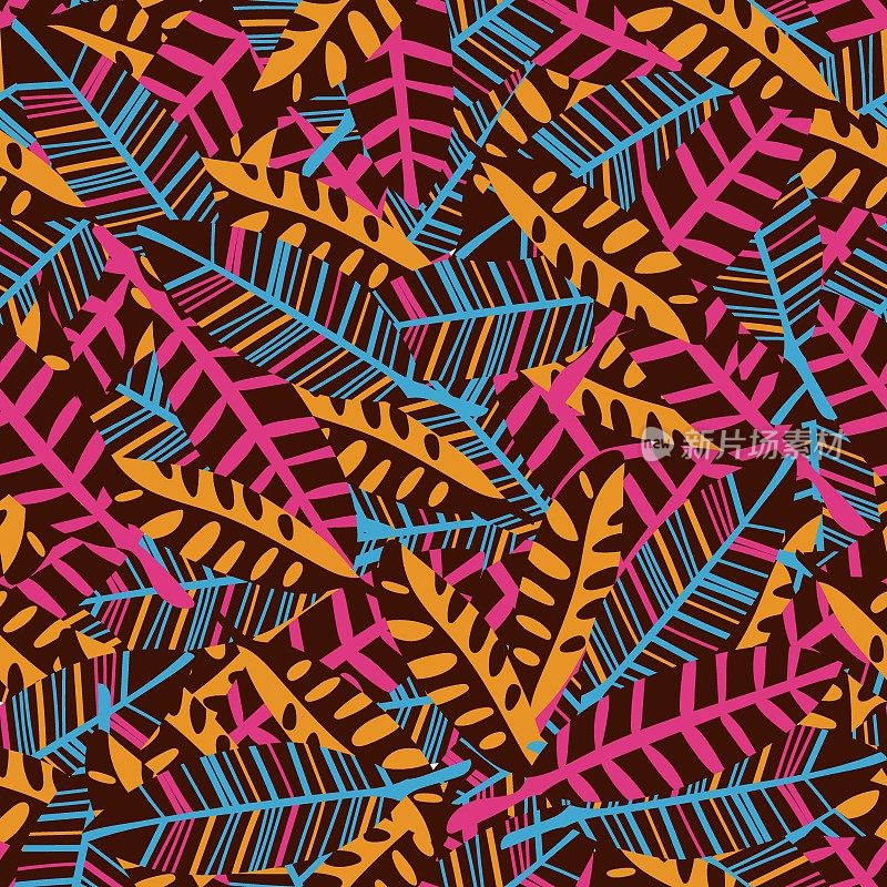 无缝图案与粉红色，蓝色和棕色的叶子在非洲风格的纺织品或物体印花